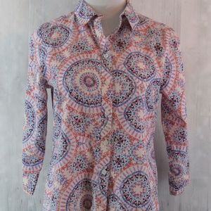 Chico's Size 0 S/4 No Iron Button Up Blouse 3/4 Sleeve Multicolor Abstract